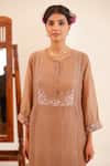 Buy_Tatwa_Brown Chanderi, Cotton Embroidery, Sequins, Stones Round Neck Kurta With Scarf _Online_at_Aza_Fashions