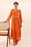 Shop_Tatwa_Rust Chanderi, Cotton Embroidery, Sequins Round Neck Pleated Kurta With Scarf _Online_at_Aza_Fashions