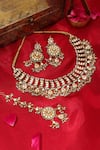 Shop_Ruby Raang_Gold Plated Stones, Pearls, Beads Kundan Embellished Necklace Set With Tikka _at_Aza_Fashions