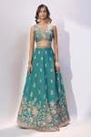 Shop_Samyukta Singhania_Green Georgette, Organza Embroidery, Tassels, Zari Floral Lehenga Blouse Set _Online_at_Aza_Fashions