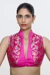 Buy_Ekaya Banaras_Fuchsia Silk Zari V-neck, Mandarin Collar Handwoven Roseate Blouse _at_Aza_Fashions