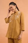 Shop_Naintara Bajaj_Beige Cotton, Linen Embroidery Mandarin Collar, Kurta And Pant Set _Online_at_Aza_Fashions
