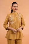 Naintara Bajaj_Beige Cotton, Linen Embroidery Mandarin Collar, Kurta And Pant Set _at_Aza_Fashions