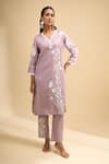 Buy_Naintara Bajaj_Pink Linen Embroidery, Lace V-neck Kurta And Pant Set _at_Aza_Fashions