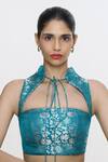 Buy_Ekaya Banaras_Blue Satin Zari, Embroidery Mandarin Collar, Square Handwoven Coral Blouse _at_Aza_Fashions