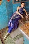 Buy_Ekaya Banaras_Blue Satin, Silk Zari Mandarin Collar Floral Handwoven Kurta And Pant Set _at_Aza_Fashions