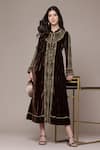Buy_Ritu Kumar_Brown Velvet, Silk Beads, Embroidery Mandarin Collar Vernia A-line Dress _at_Aza_Fashions