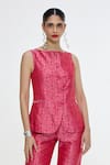 Buy_Ekaya Banaras_Fuchsia Satin, Silk Round Neck Floral Handwoven Waistcoat And Pant Co-ord Set _Online_at_Aza_Fashions