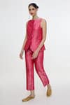 Ekaya Banaras_Fuchsia Satin, Silk Round Neck Floral Handwoven Waistcoat And Pant Co-ord Set _at_Aza_Fashions