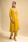 Shop_Naintara Bajaj_Yellow Silk Embroidery Split V-neck Kurta And Pant Set _Online_at_Aza_Fashions