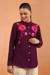 Buy_Naintara Bajaj_Wine Embroidery Mandarin Collar Floral Full Sleeve Kurta _at_Aza_Fashions