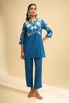 Buy_Naintara Bajaj_Teal Silk Embroidery Split V-neck Kurta And Pant Set _Online_at_Aza_Fashions