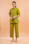 Buy Naintara Bajaj Green Cotton, Linen Embroidery Collared, Button-down Floral Kurta And Pant Set at Aza Fashions Buy_Naintara Bajaj_Green Cotton, Linen Embroidery Collared, Button-down Floral Kurta And Pant Set _at_Aza_Fashions