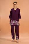Buy_Naintara Bajaj_Wine Silk Embroidery V-neck Floral Kurta And Pant Set _Online_at_Aza_Fashions