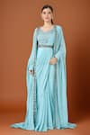 Buy_Samyukta Singhania_Sky Blue Chinon Embroidery V-, Open Cape And Pre-draped Saree Set _at_Aza_Fashions