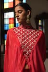 Shop_Saangi_Red Modal, Satin Embroidery, Sequins High Neck Crimson Asymmetric Cape Pant Set _at_Aza_Fashions