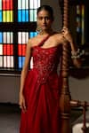 Shop_Saangi_Red Modal, Satin Pearls, Crystals, Beads, Lace Mirage Draped Skirt And Corset Set _at_Aza_Fashions