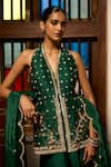 Shop_Saangi_Emerald Green Silk, Organza Embroidery, Sequins Halter The Harmony Kurta Set _at_Aza_Fashions