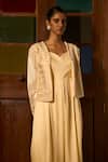 Shop_Saangi_Ivory Viscose, Satin Sequins, Pearls Poise Jumpsuit With Embroidered Jacket _at_Aza_Fashions