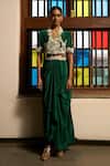 Shop_Saangi_Green Viscose, Crepe Embroidery, Beads, Poise Jacket And Draped Cowl Skirt Set _at_Aza_Fashions