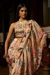 Shop_Saangi_Beige Viscose, Chinon Dior Wilderness Nature Ruffle Pre-draped Saree Set _at_Aza_Fashions