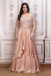 Buy_Mandira Wirk Resort_Peach Satin, Lurex, Georgette Sequins, Beads, Embellished Blouse Lehenga Set _at_Aza_Fashions