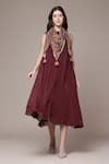Shop_Ritu Kumar_Wine Viscose Chinon Chiffon Tassels Cascade Dress With Scarf _Online_at_Aza_Fashions