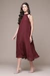 Buy_Ritu Kumar_Wine Viscose Chinon Chiffon Tassels Cascade Dress With Scarf 