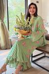 Nikasha_Lime Georgette Embroidery Round Neck Dilkush Floral Print Kurta Sharara Set _Online