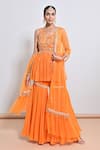 Buy_Keith Gomes_Orange Georgette, Silk Organza, Net Zari, Zardozi Peplum Top And Gharara Set _at_Aza_Fashions