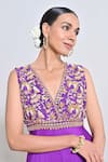 Keith Gomes_Purple Chiffon, Crepe Embroidery, Beads, Zari V-neck Zardozi Flare Jumpsuit _Online_at_Aza_Fashions
