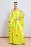 Buy_Keith Gomes_Lime Satin, Silk Organza Beads, Ombre Shaded Kaftan And Flared Palazzo Set _at_Aza_Fashions