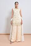 Buy_Keith Gomes_Beige Silk Organza, Net Pearls, Sequins, And Cutwork Flower Tunic & Palazzo Set _at_Aza_Fashions