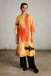 Buy_Saksham & Neharicka_Yellow Dupion Embroidery Round Neck Fret Printed And Kurta _at_Aza_Fashions