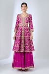 Surbhi Shah Magenta Organza Embroidery, Zari, Sequins V-neck Peplum Kurta Sharara Set at Aza Fashions Surbhi Shah_Magenta Organza Embroidery, Zari, Sequins V-neck Peplum Kurta Sharara Set _at_Aza_Fashions