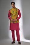 Buy_SALIL BHATIA_Yellow , Chanderi Rang Mahal Printed Nehru Jacket And Kurta Set _at_Aza_Fashions