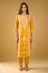 Naintara Bajaj_Mustard Chanderi Silk, Shantoon, Kota Doria Floral Chikankari Kurta Set _Online_at_Aza_Fashions