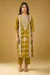 Shop_Naintara Bajaj_Olive Green Chanderi Silk, Shantoon, Kota Doria Chikankari Kurta Pant Set _Online_at_Aza_Fashions