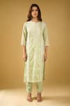 Naintara Bajaj_Green Chanderi Silk, Shantoon, Kota Doria Chikankari Pastel Kurta Pant Set _at_Aza_Fashions