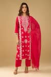 Shop_Naintara Bajaj_Red Chanderi Silk, Shantoon, Kota Doria Embroidery, Chikankari Floral Kurta Set _Online_at_Aza_Fashions