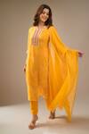 Shop_Samyukta Singhania_Mustard Georgette, Shantoon, Chiffon Embroidery, Leheriya Pattern Kurta Set _Online_at_Aza_Fashions