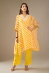 Buy_Samyukta Singhania_Yellow Organza, Shantoon Mirrors, Zari V-neck Leheriya Pattern Kaftan And Pant Set _at_Aza_Fashions