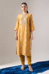 Samyukta Singhania_Mustard Chanderi Silk, Shantoon, Chiffon Floral Print Dori Work Kurta Set _Online_at_Aza_Fashions