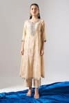 Samyukta Singhania_Beige Tissue, Shantoon, Chiffon Embroidery, Zari, Mirrors, Shimmer Kurta Set _Online_at_Aza_Fashions