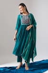 Samyukta Singhania_Teal Chanderi, Shantoon Embroidery, Sequins, Mirrors, Lace Round Mul Kurta Set _Online_at_Aza_Fashions