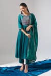 Buy_Samyukta Singhania_Teal Chanderi, Shantoon Embroidery, Sequins, Mirrors, Lace Round Mul Kurta Set _Online_at_Aza_Fashions