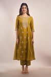 Buy_Samyukta Singhania_Olive Green , Shantoon, Silk Zari, Mul Dori Anarkali Set _Online_at_Aza_Fashions