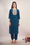 Buy_Samyukta Singhania_Teal Chanderi, Shantoon Embroidery, Beads, Sequins, Lace Round Mul Kurta Set _Online_at_Aza_Fashions