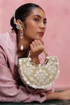 Buy_The Leather Garden_Ivory Beads, Pearls, Fabric Flowers, Sequins Khwab Half Moon Clutch Bag _Online