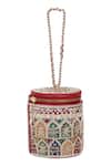 Shop_The Leather Garden_Red Embroidery, Beads, Zari Raaz Barrel Bag _at_Aza_Fashions